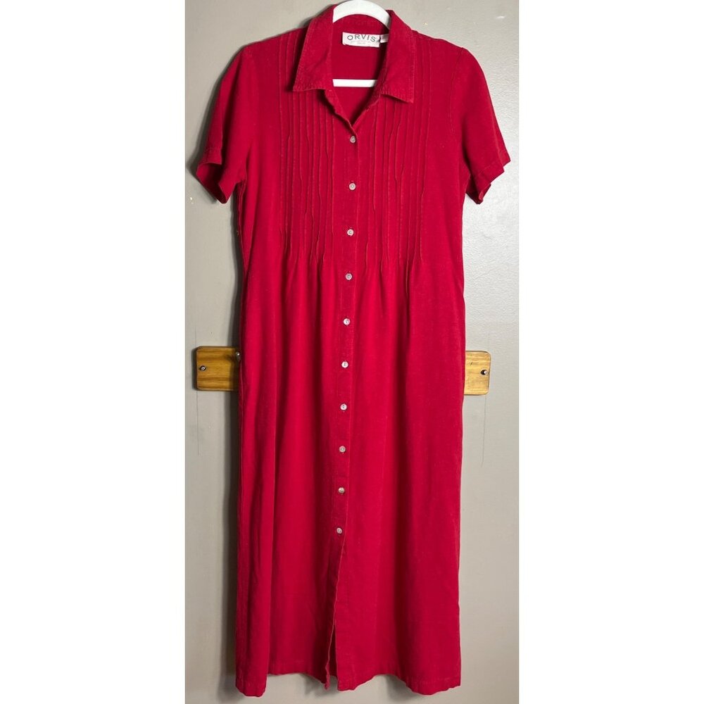 Vtg Orvis Linen Blend Dress Red Button Up Midi Pockets 90s Classic Preppy Wom 12 - Picture 7 of 11